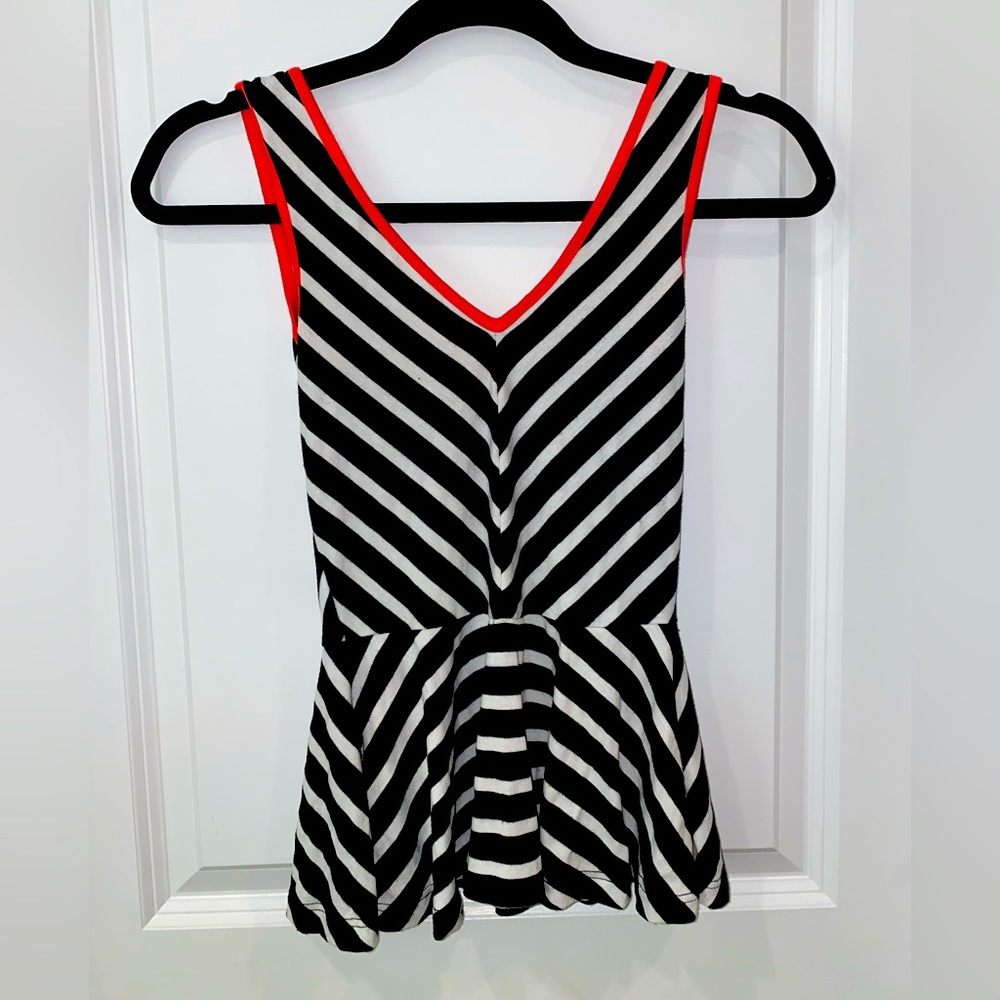 Black & White Peplum Top with Coral Piping Size XS